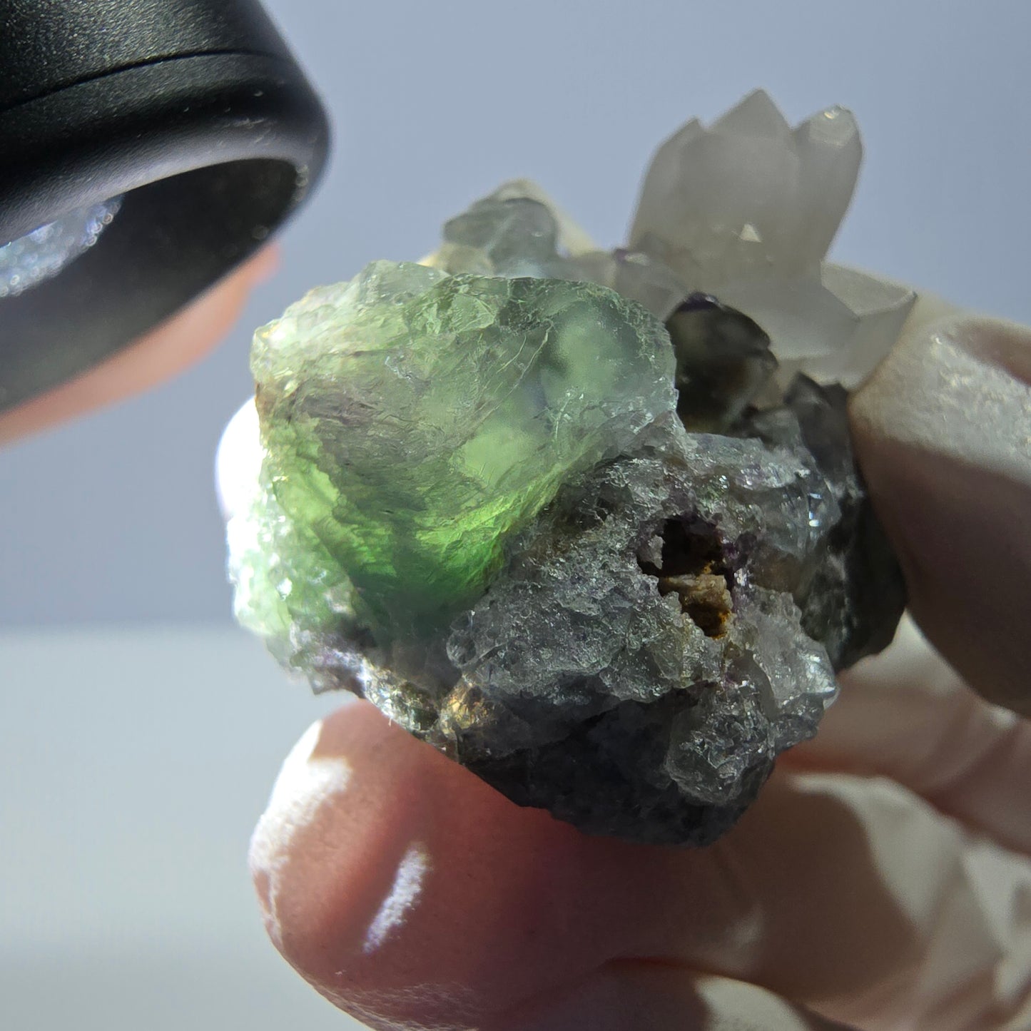 Rare cube de fluorite fantôme, spécimen de quartz vert violet Okorusu Namibie 38 x 27 x 24 mm 