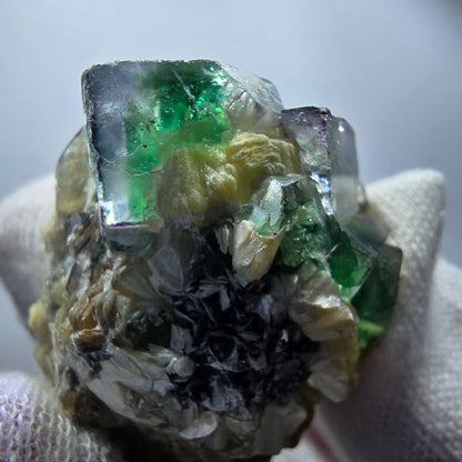 Phantom fluorite, hyalite, muscovite, orthoclase stage Erongo, Namibia 47*43*36mm 