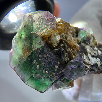 Cube de fluorite fantôme, tourmaline muscovite hexagonale Schörl, Erongo, Namibie 40 x 21 x 13 mm 