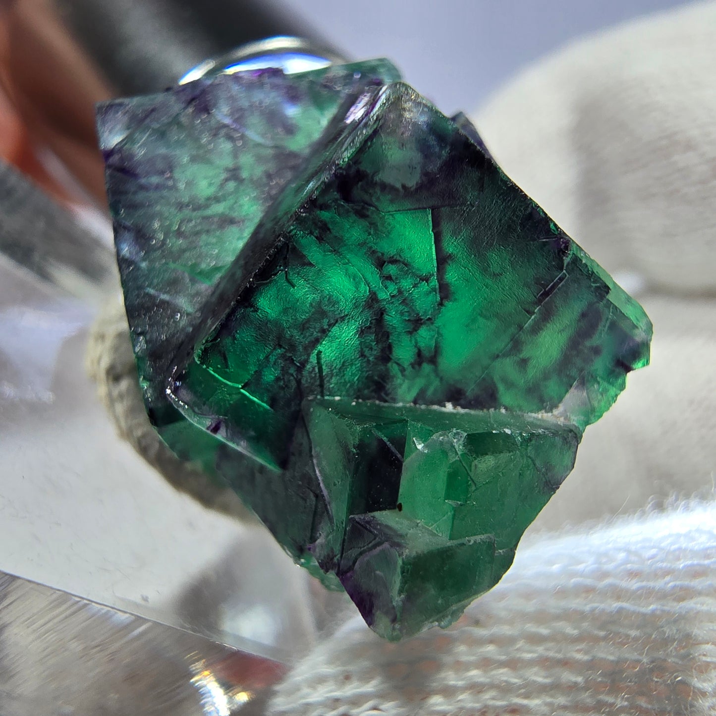 Spécimen rare de cube de fluorite fantôme, vert-violet zonal, Okorusu, Namibie, 32 x 20 x 17 mm 
