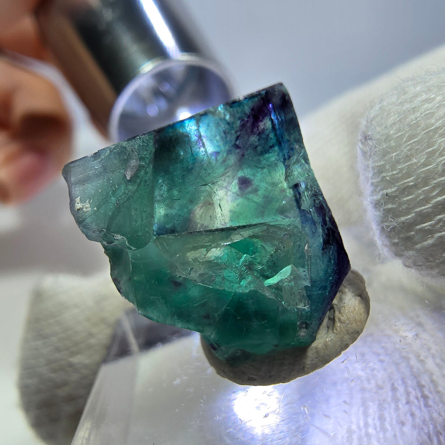 Spécimen de cube de fluorite fantôme transparente, vert-violet zonal, Okorusu, Namibie, 20 x 15 x 11 mm 