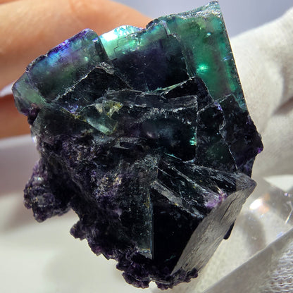 Spécimen de cube de fluorite fantôme transparente, vert-violet zonal, Okorusu, Namibie, 39 x 37 x 23 mm 