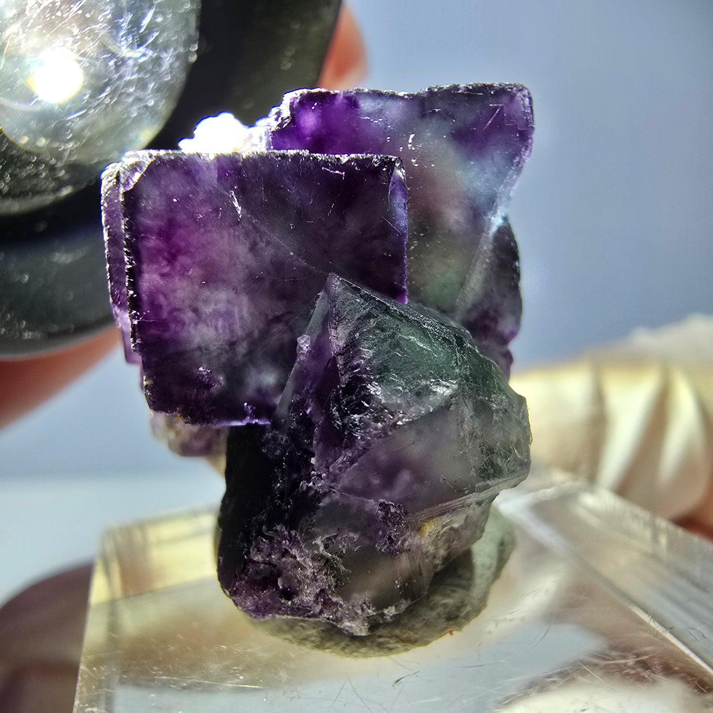 Phantom Fluorit Würfel, Quarz Stufe, grün lila Okorusu, Namibia 23*21*19mm