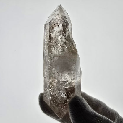 Sceptre DT en quartz fumé squelette Enhydro, poche Valentine en calcite UV, Namibie 105 x 34 x 23 mm 