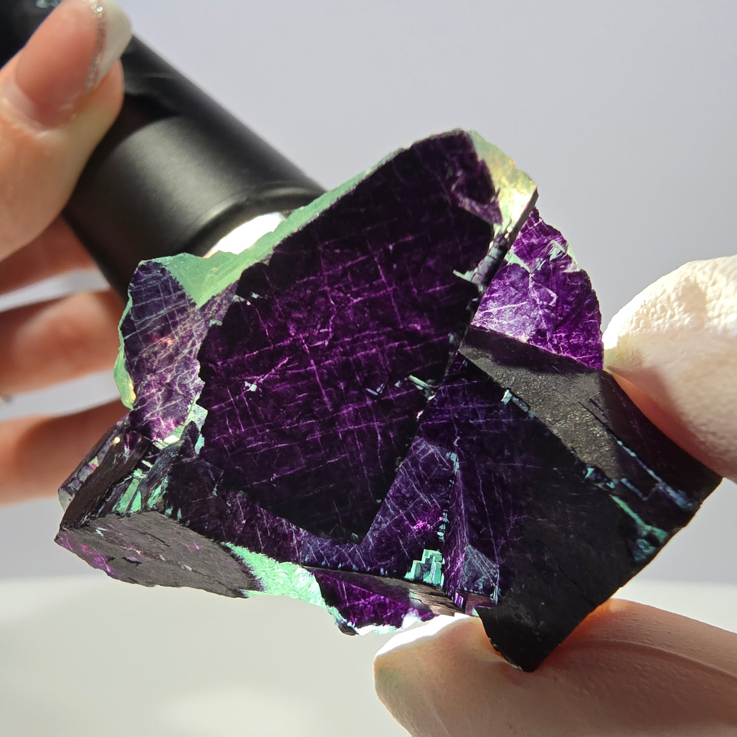 Spécimen de cube de fluorite fantôme vert violet zonal 11:11 Angel Pocket, Namibie 47*38*19mm 