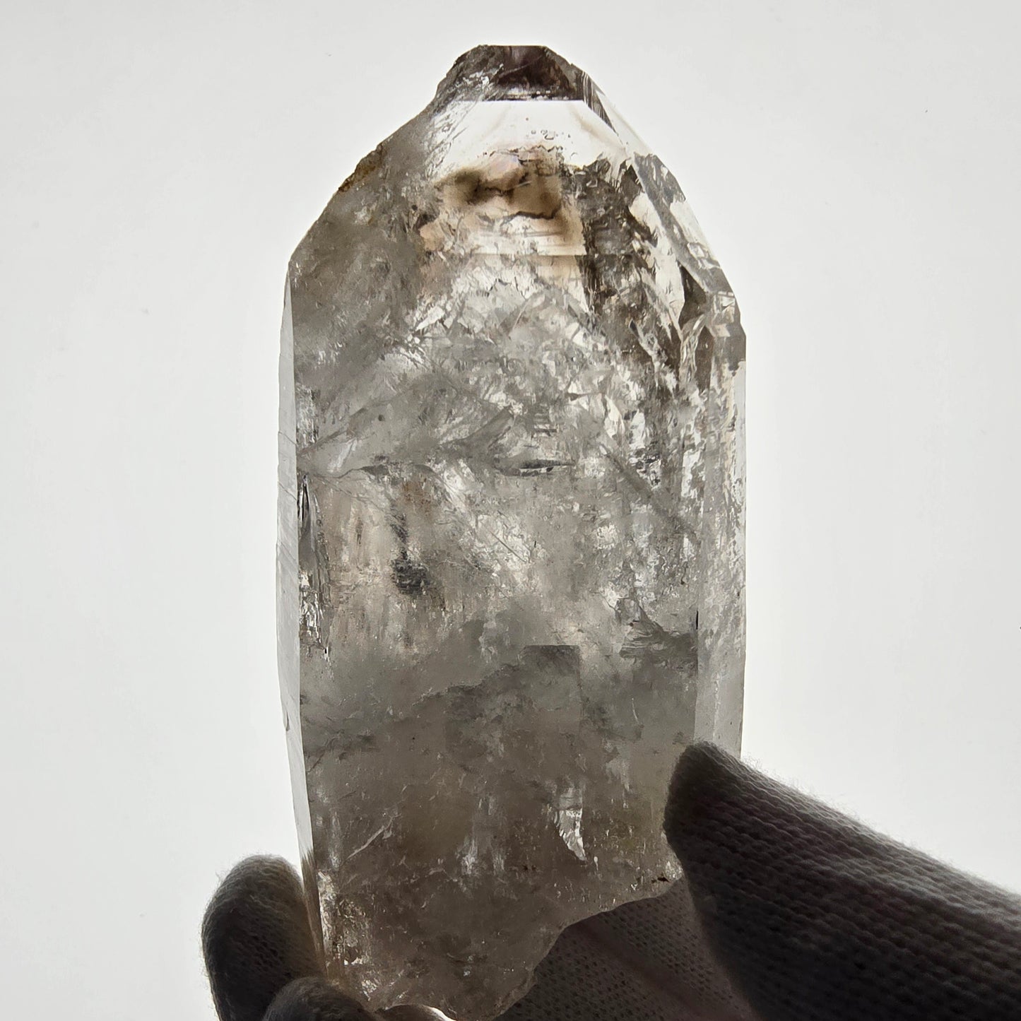 Quartz fumé squelette Enhydro, calcite UV, 1 gobo de poche Bubble Valentine. Namibie 98 x 49 x 26 mm 