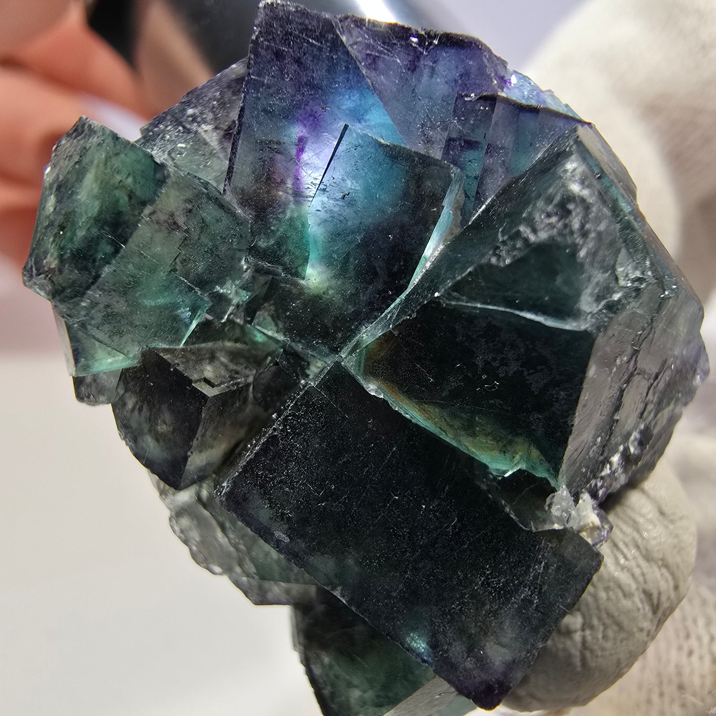 Klare Phantom Fluorit Würfel Stufe zonal grün lila Okorusu, Namibia 36*29*19mm