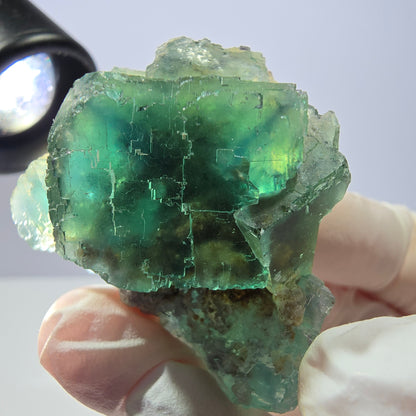 Spécimen de cube de fluorite fantôme transparente, vert parqueté, Okorusu, Namibie, 43 x 40 x 23 mm 