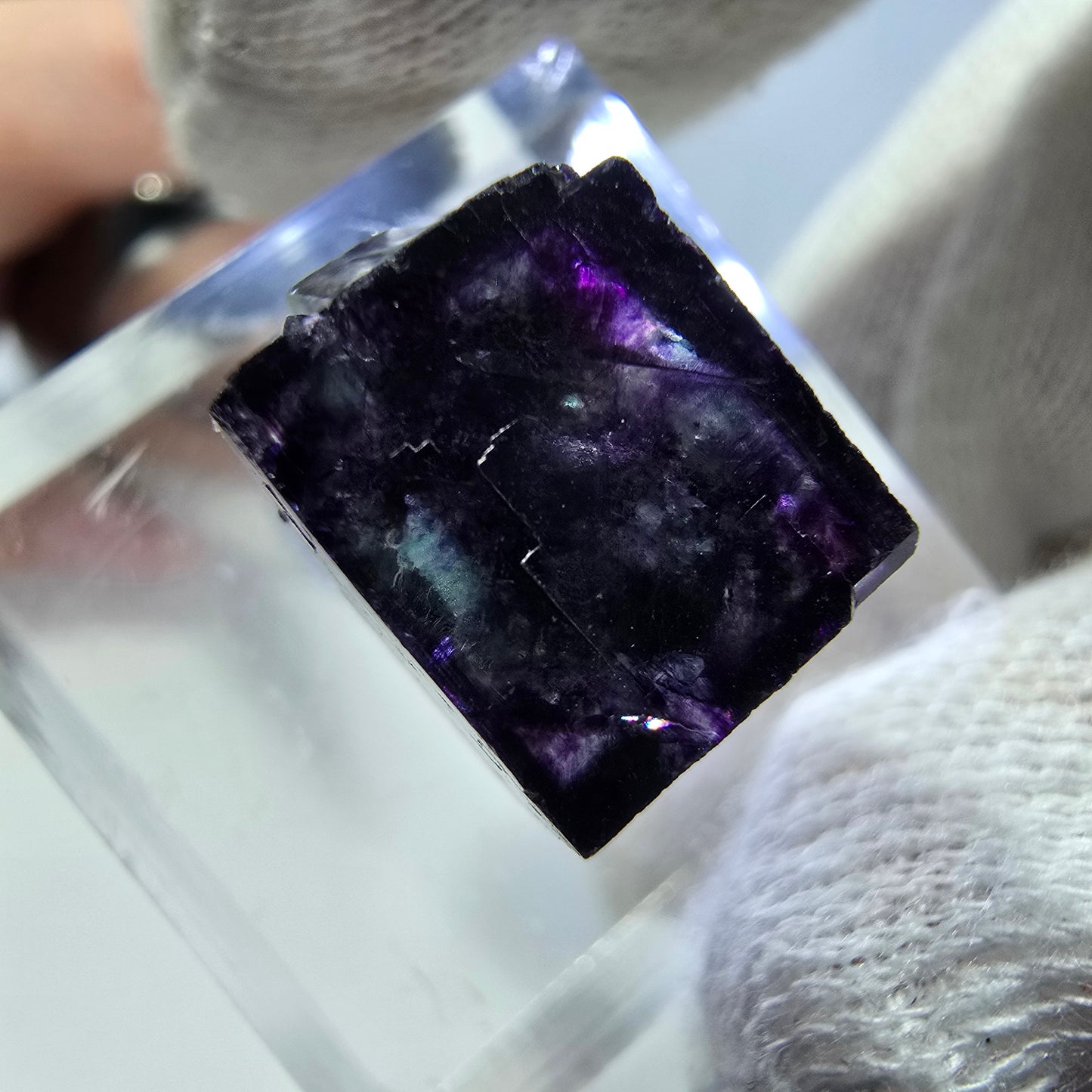 Spécimen de cube de fluorite fantôme transparente, vert-violet zonal, Okorusu, Namibie, 16 x 16 x 15 mm 