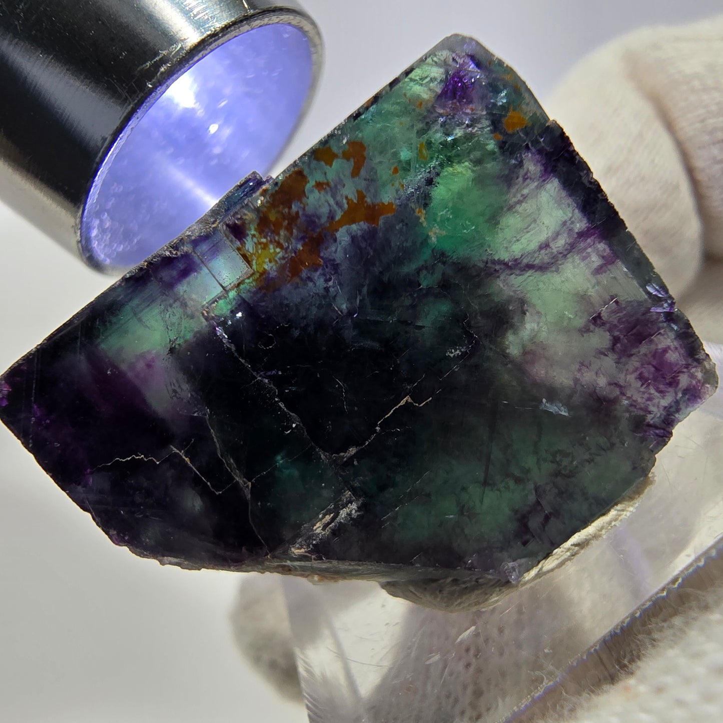 Spécimen rare de cube de fluorite fantôme, vert-violet zonal, Okorusu, Namibie, 33 x 27 x 21 mm 