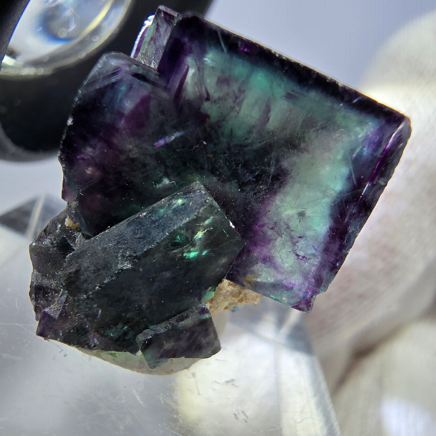 Spécimen rare de cube de fluorite fantôme, vert zonal et violet, Okorusu, Namibie, 24 x 16 x 17 mm 