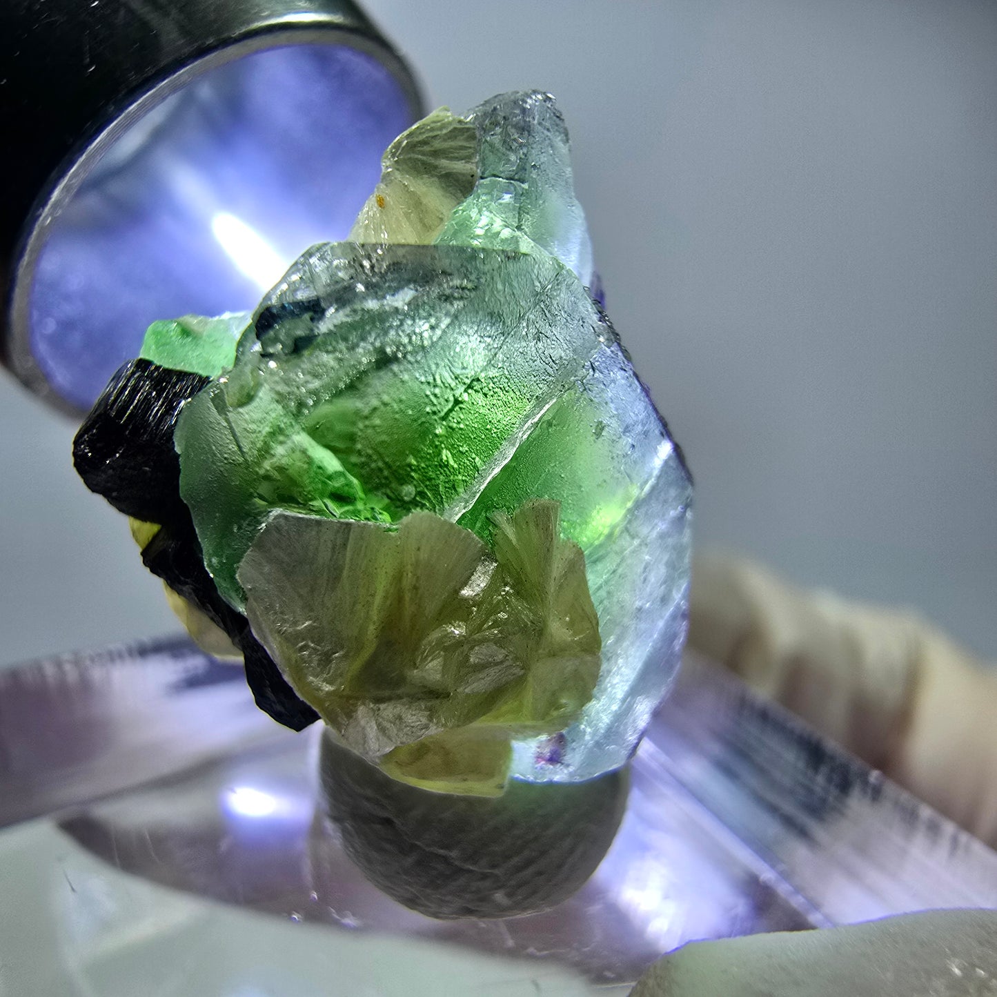 Cube de fluorite fantôme, muscovite et tourmaline Schorl, spécimen d'Erongo, Namibie, 18 x 14 x 13 mm 