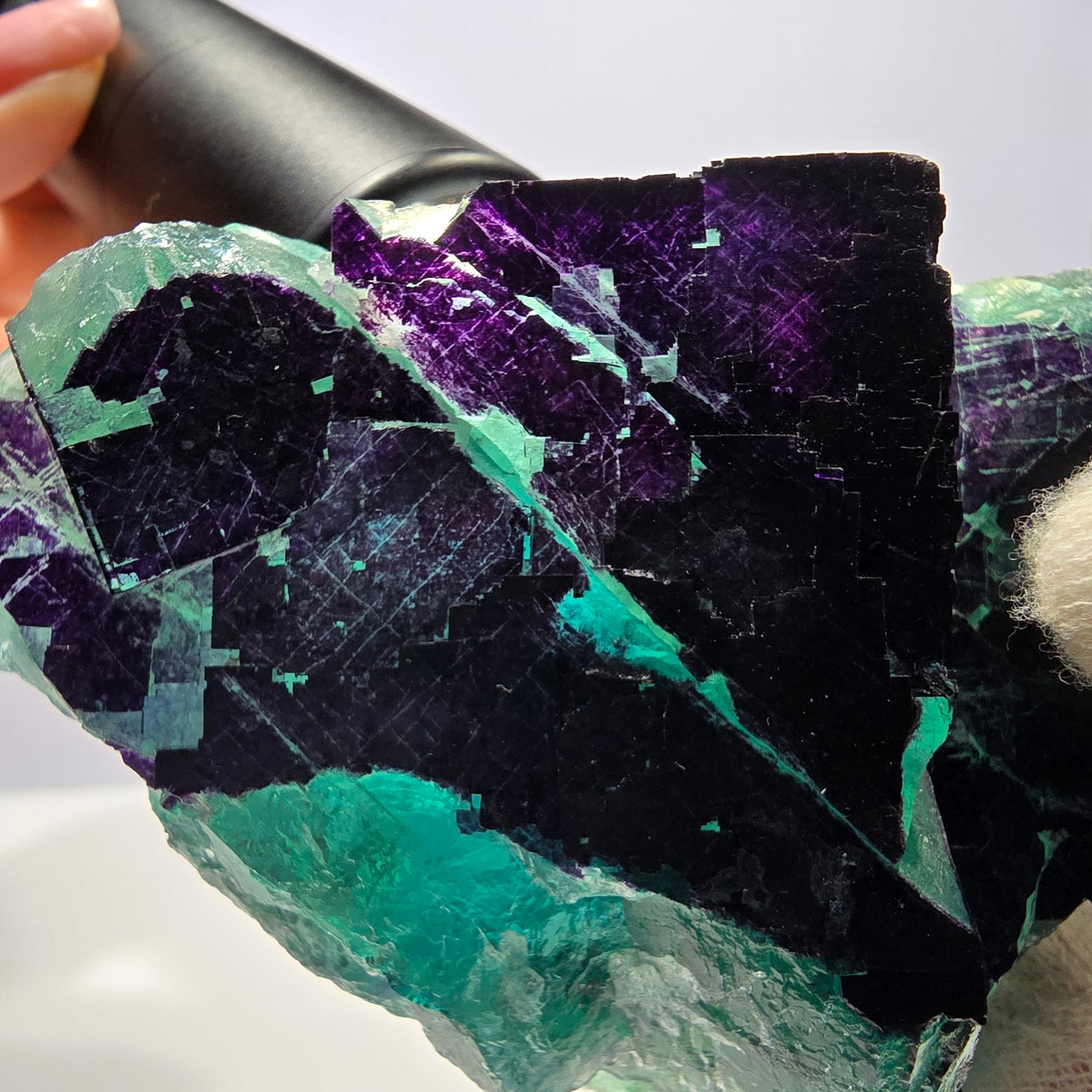 Grand spécimen de cube de fluorite fantôme vert violet zonal 11:11 Angel Pocket, Namibie 103*61*33mm 