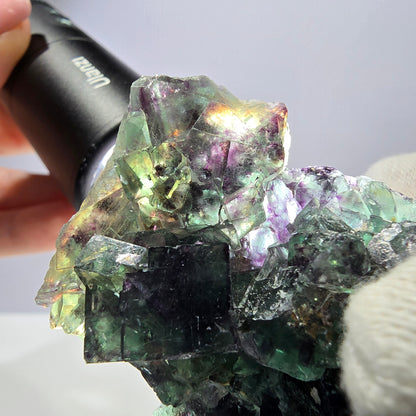 Spécimen de cube de fluorite fantôme transparent, parqueté, zonal, Okorusu, Namibie, 72 x 54 x 23 mm 