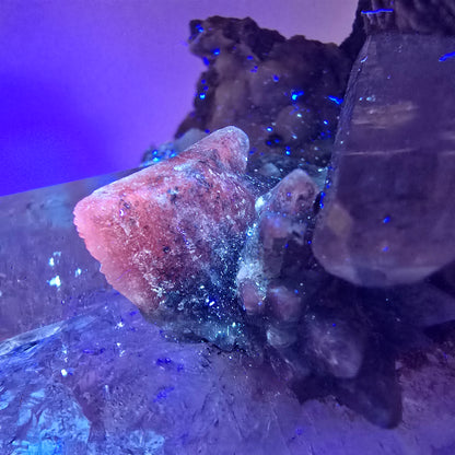 Sceptre squelette en quartz fumé Enhydro, calcite UV Valentine Pocket Goboboseb Namibie 99 x 56 x 45 mm 