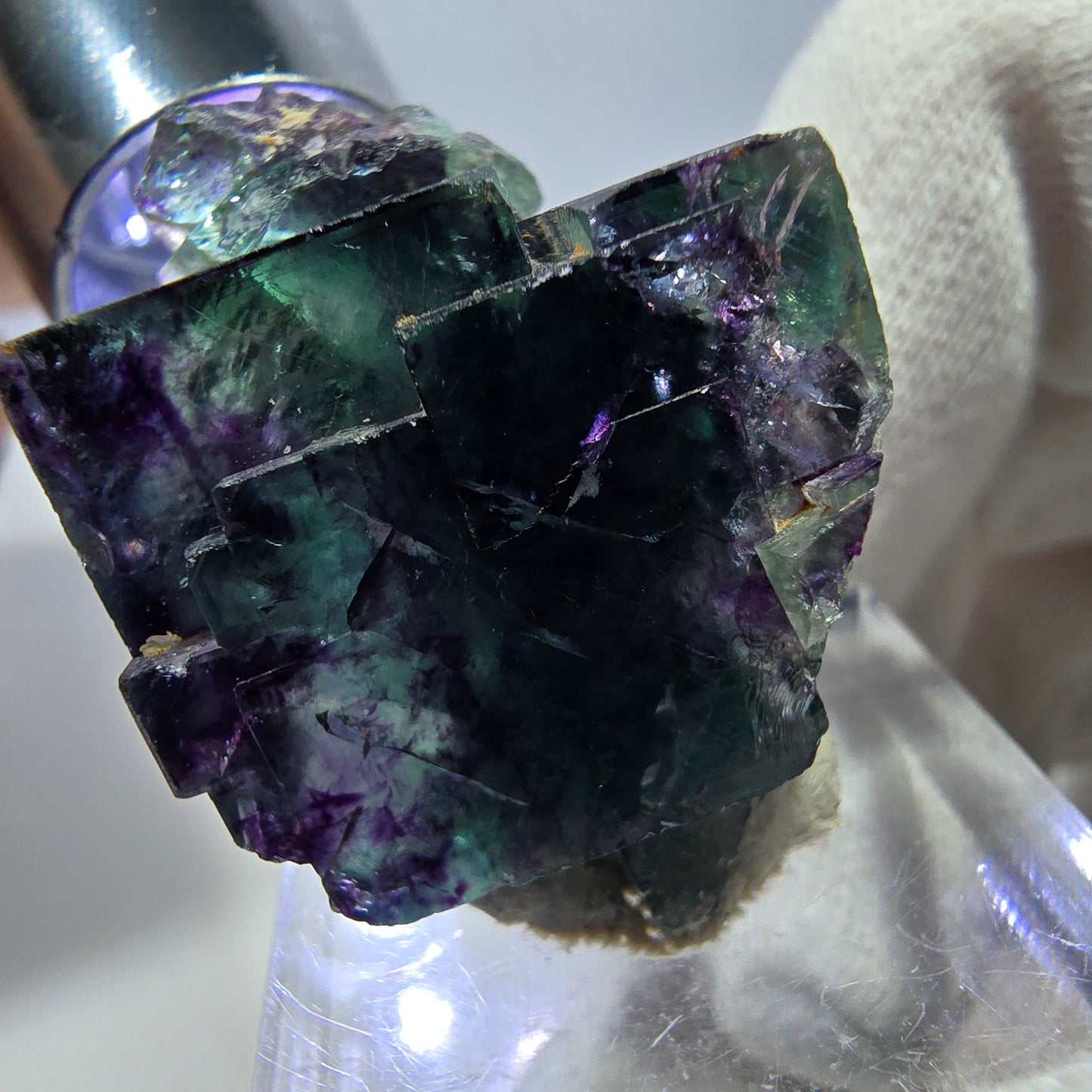 Spécimen zonal de cube de fluorite fantôme, vert violet, Okorusu, Namibie, 34 x 24 x 20 mm 