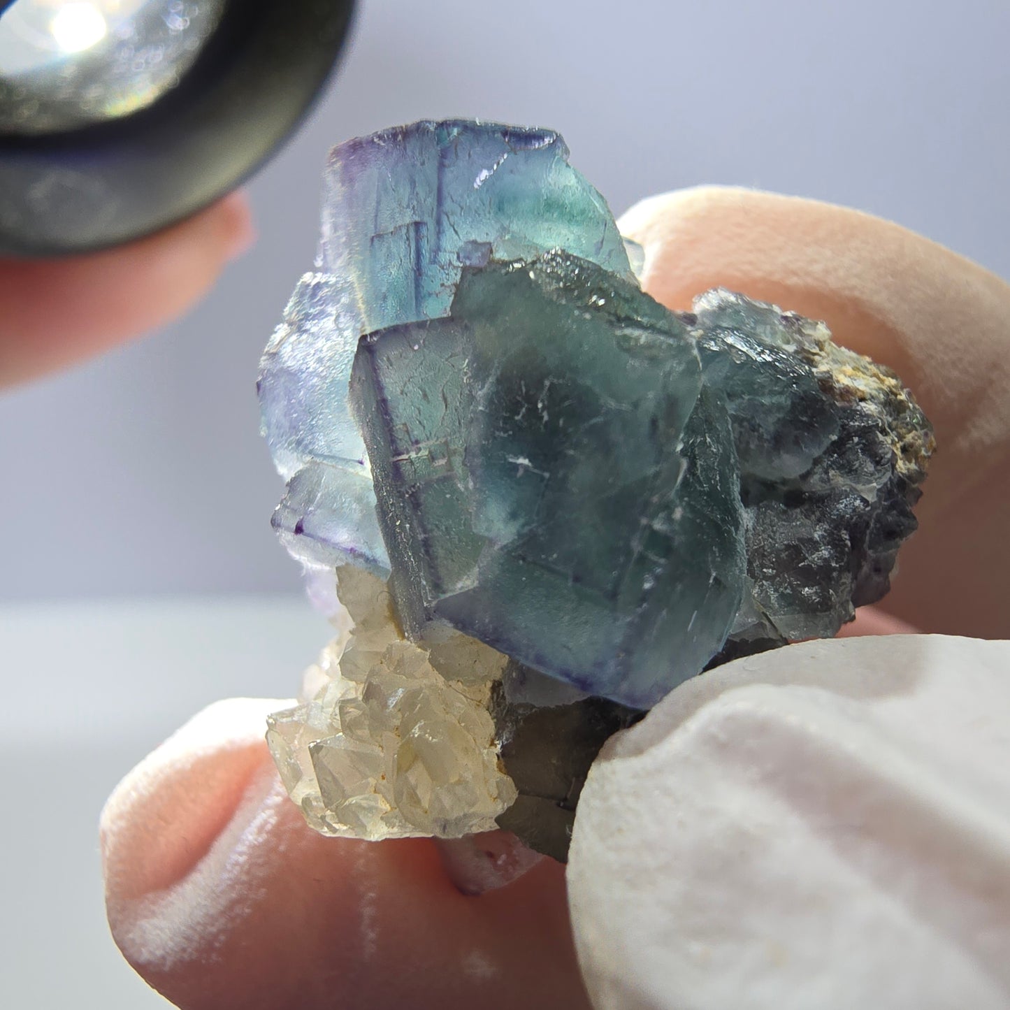 Rare cube de fluorite fantôme, spécimen de quartz vert violet Okorusu Namibie 29*24*20mm 