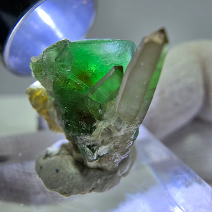 Cube de fluorite fantôme zonal, quartz fumé, spécimen de muscovite, Erongo, Namibie, 19 x 15 x 12 mm 