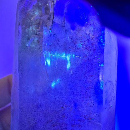 Sceptre fantôme squelette en quartz fumé DT, poche Saint-Valentin en calcite UV, Namibie 97 x 44 x 37 mm 