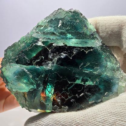 Grand cube de fluorite fantôme étagé, vert-brun, Okorusu, Namibie, 83 x 70 x 45 mm 