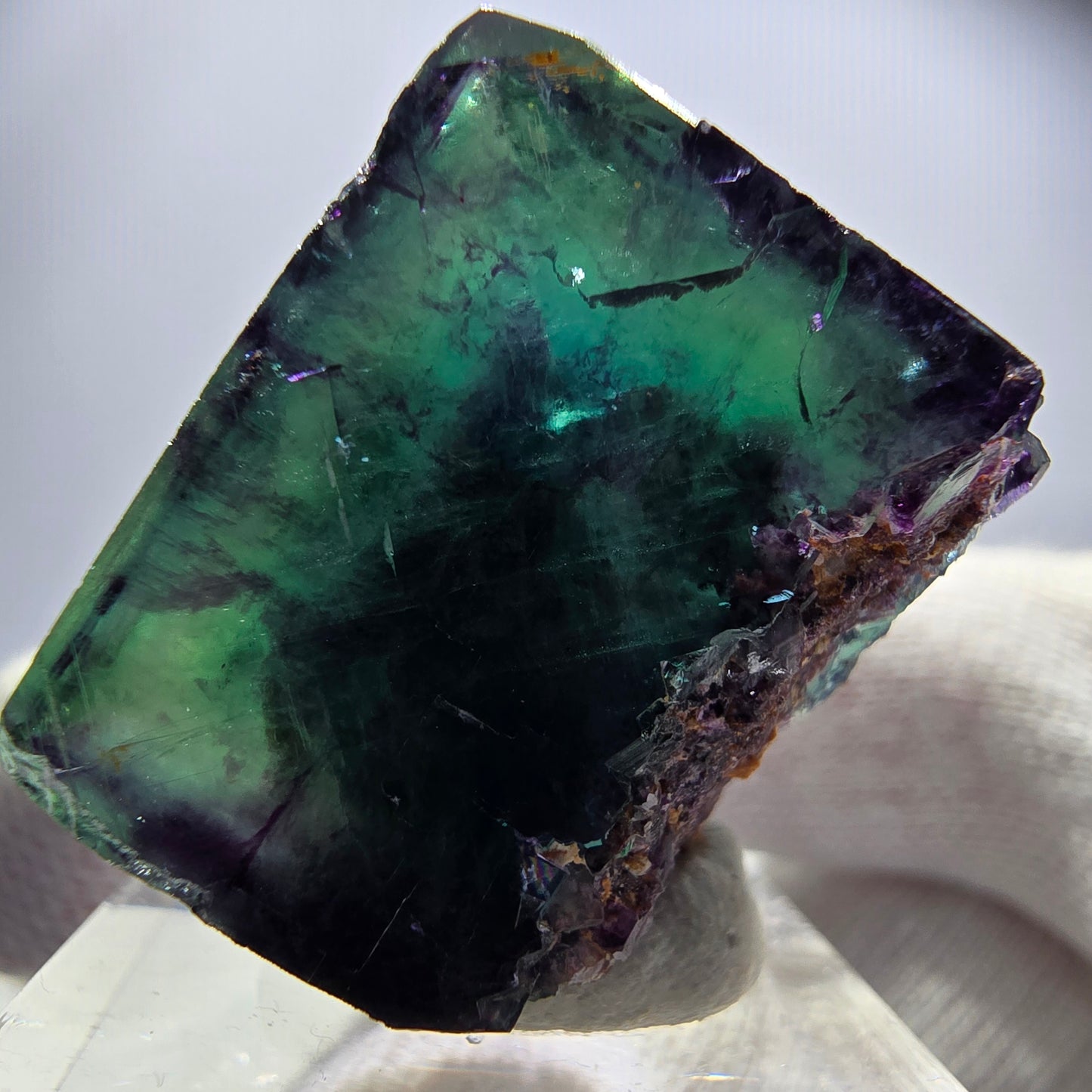 Cube de fluorite fantôme transparente, vert violet zonal, Okorusu, Namibie, 33 x 29 x 20 mm 