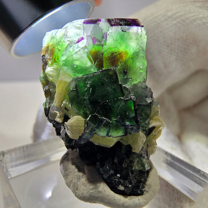Cube de fluorite fantôme zonal, tourmaline muscovite Schörl Erongo Namibie 31*22*18mm 