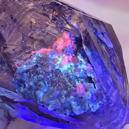 Sceptre en quartz fumé squelette Enhydro, calcite UV, 3 bulles, poche Saint-Valentin, Namibie, 149 x 71 x 52 mm 
