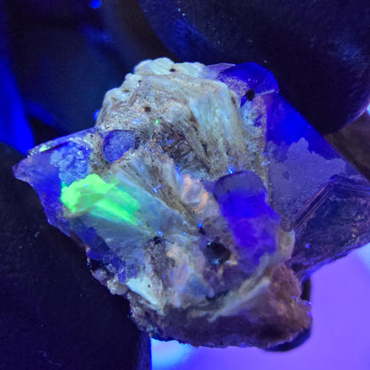 Cube de fluorite fantôme zonal, tourmaline muscovite Schörl, hyalite Erongo, Namibie 25*21*17mm 