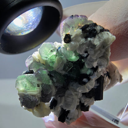 Cube de fluorite fantôme, zonal, muscovite, spécimen de tourmaline Schorl, Erongo, Namibie, 36 x 31 x 22 mm 