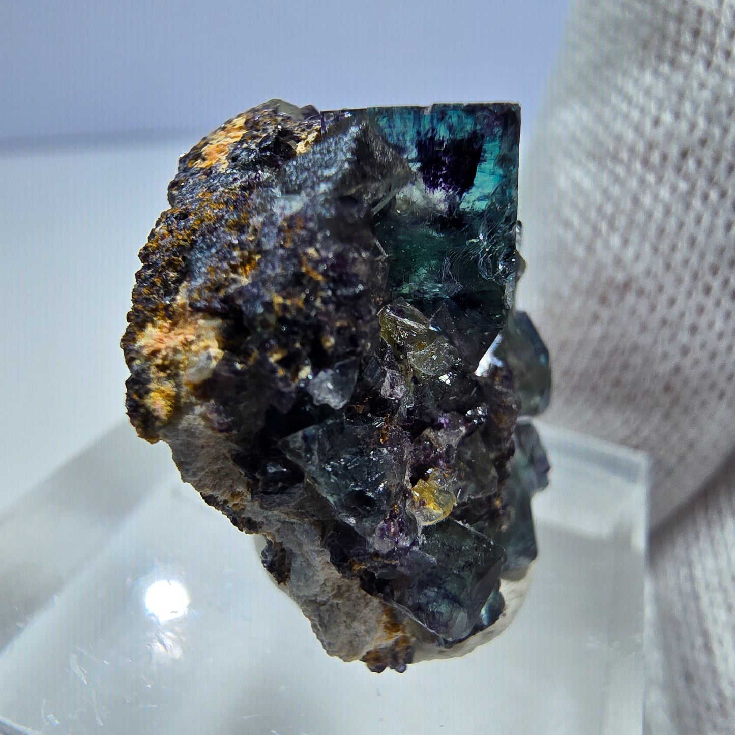 Spécimen rare de cube de fluorite fantôme, vert zonal et violet, Okorusu, Namibie, 23 x 21 x 13 mm 