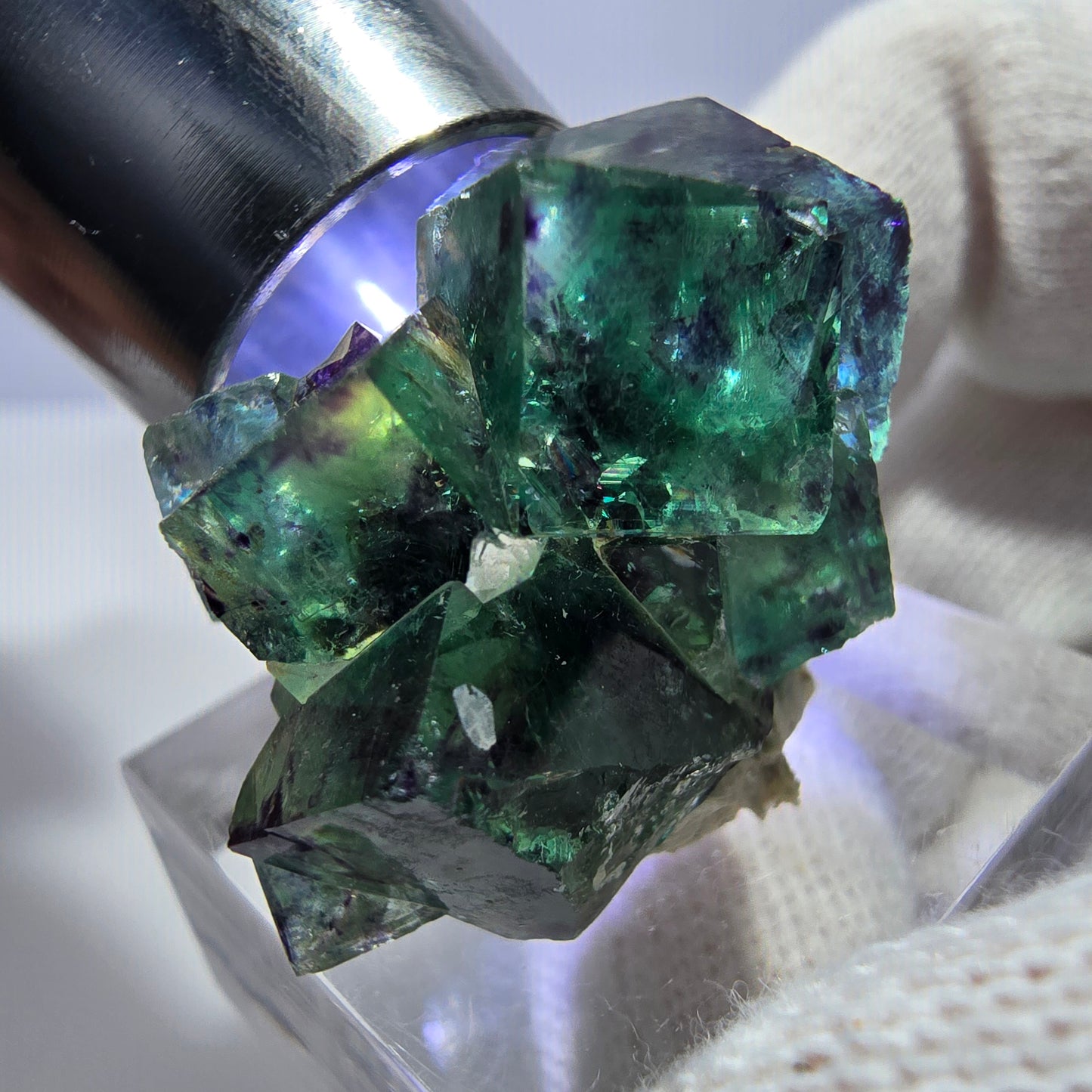 Spécimen zonal de cube de fluorite fantôme, vert violet, Okorusu, Namibie, 32 x 23 x 17 mm 