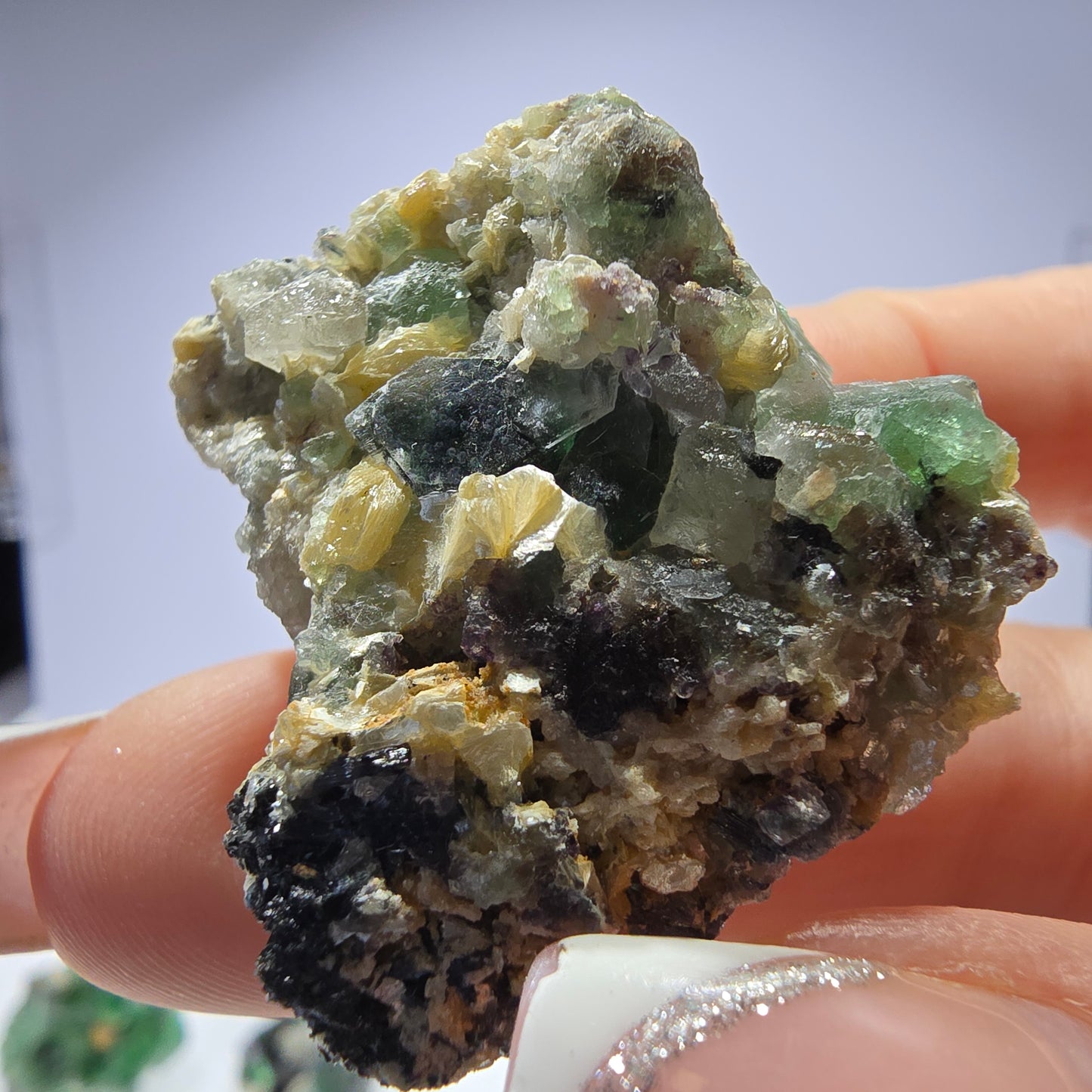 Lot de 16 fluorites fantômes, hyalites, tourmalines Schörl, muscovites, Erongo, Namibie