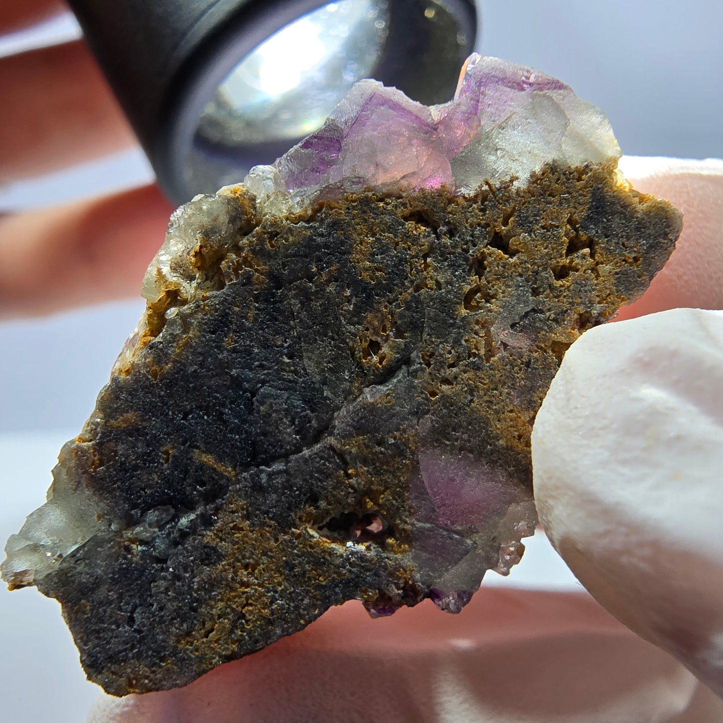Rare cube de fluorite fantôme, spécimen de quartz vert violet Okorusu Namibie 34 x 21 x 13 mm 