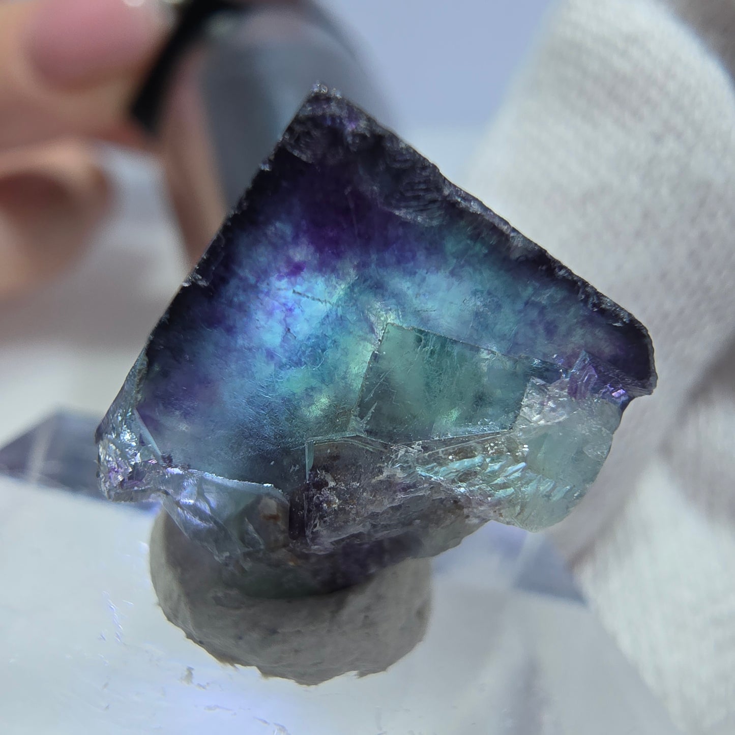 Rare spécimen de cube de fluorite fantôme, vert-violet zonal, Okorusu, Namibie, 19 x 17 x 14 mm 