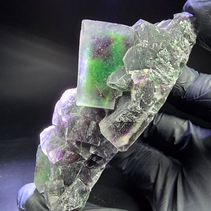 Rare niveau de cube de fluorite fantôme violet vert 86*46*31mm d'Okorusu, Namibie