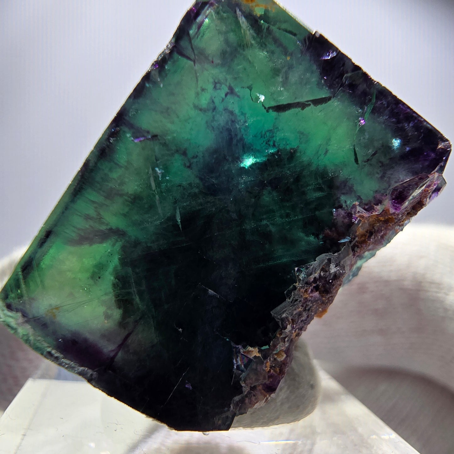 Cube de fluorite fantôme transparente, vert violet zonal, Okorusu, Namibie, 33 x 29 x 20 mm 