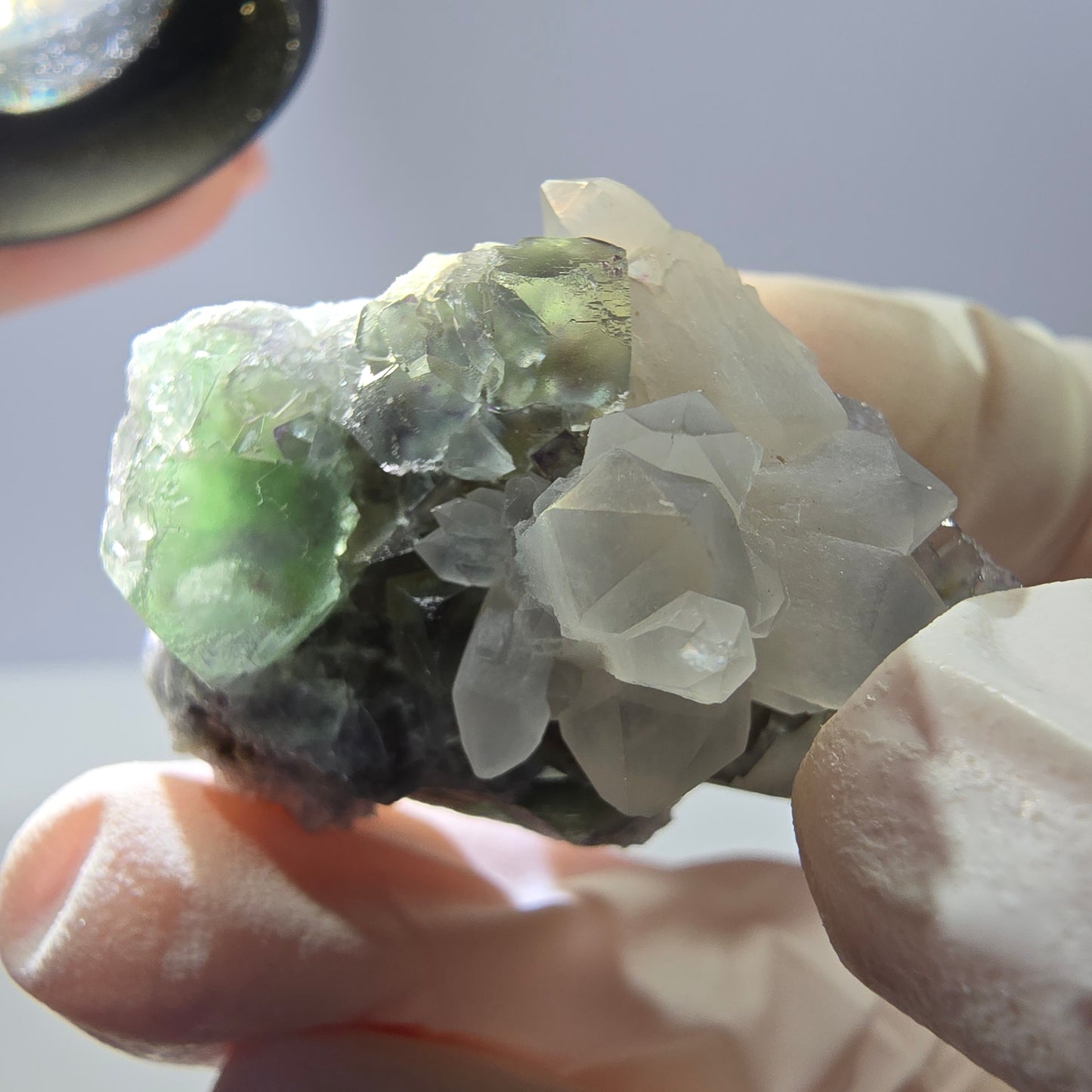 Rare cube de fluorite fantôme, spécimen de quartz vert violet Okorusu Namibie 38 x 27 x 24 mm 