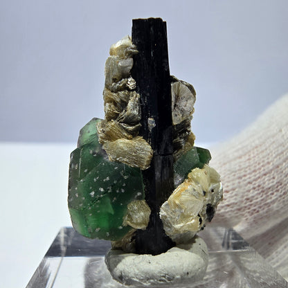 Cube de fluorite fantôme, muscovite et tourmaline Schorl, spécimen d'Erongo, Namibie, 29 x 19 x 17 mm 