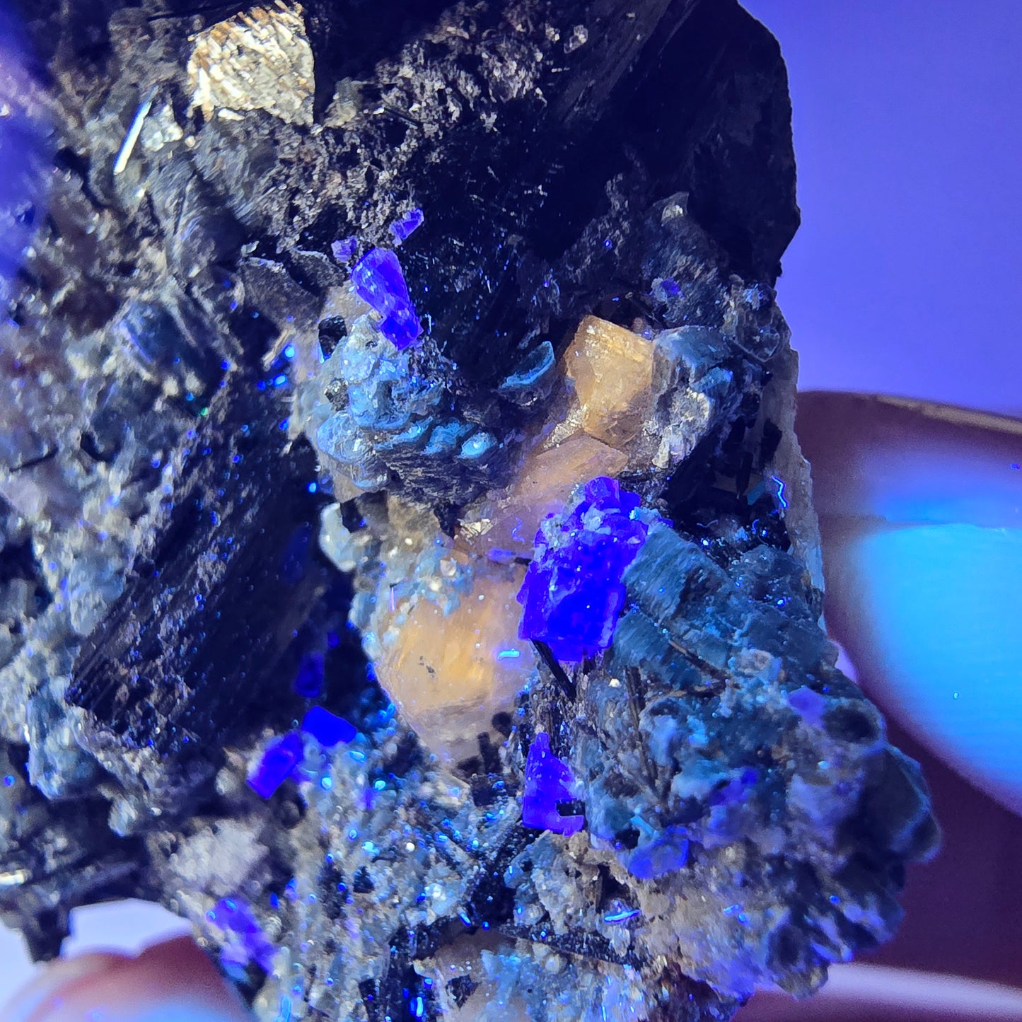 Tourmaline Schörl, muscovite, calcite UV, stade orthose Erongo, Namibie 64*56*47mm 
