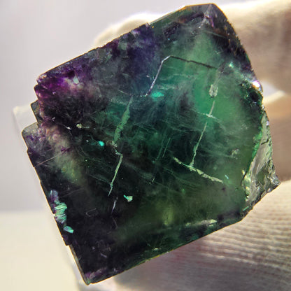 Cube de fluorite fantôme transparente, vert violet zonal, Okorusu, Namibie, 33 x 29 x 20 mm 