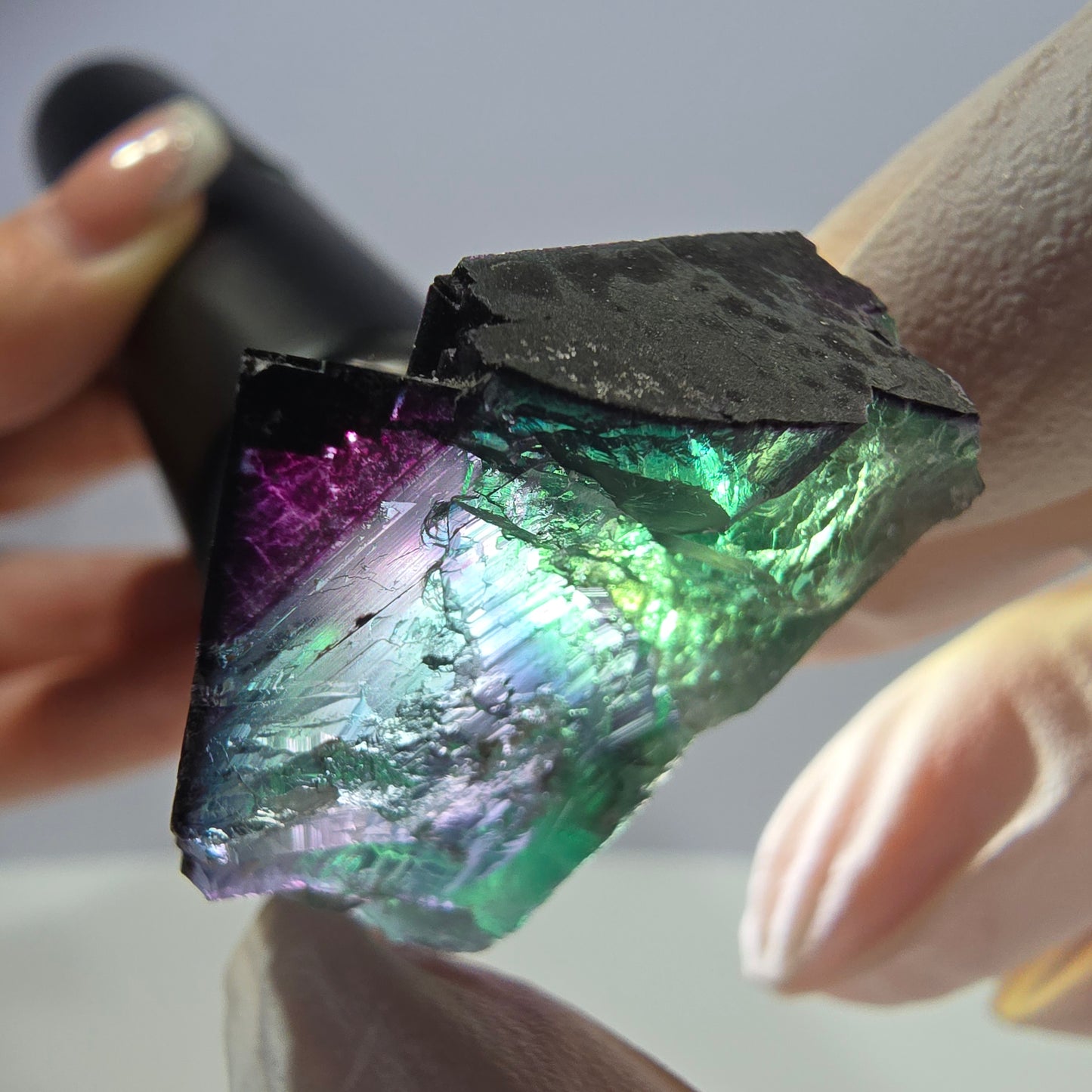 Spécimen de cube de fluorite fantôme vert violet zonal 11:11 Angel Pocket, Namibie 43*31*28mm 