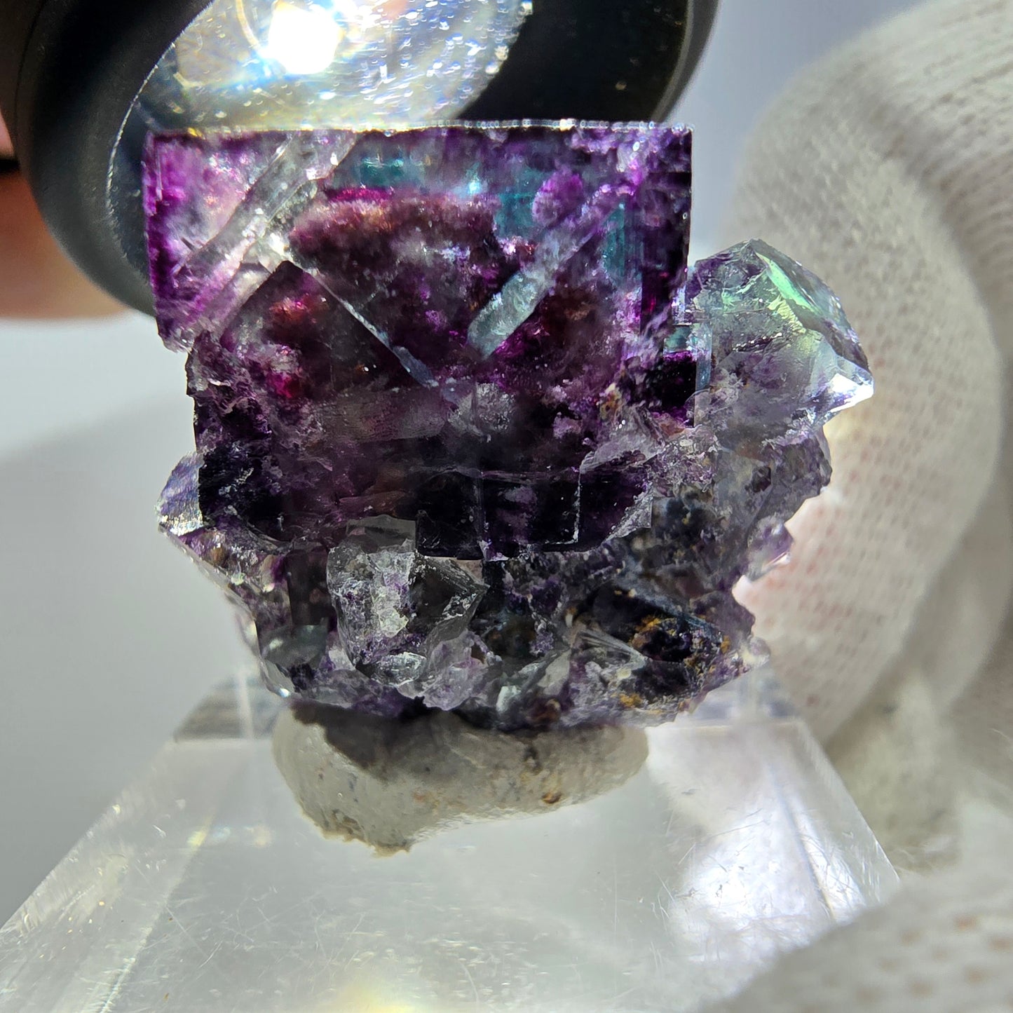 Spécimen rare de cube de fluorite fantôme, vert zonal et violet, Okorusu, Namibie, 32 x 29 x 18 mm 