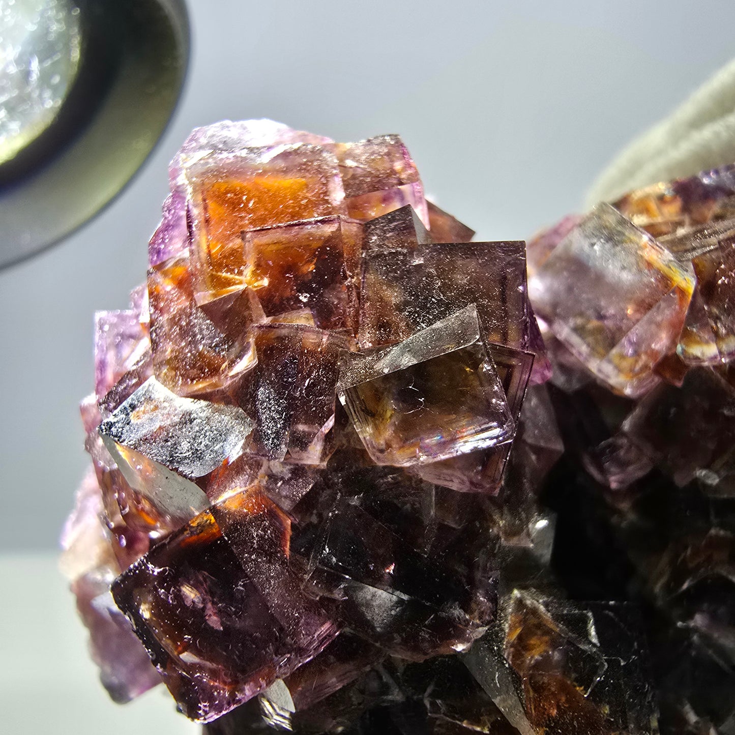 Rare spécimen de cube de fluorite fantôme, violet jaune Okorusu Namibie 63*59*34mm 