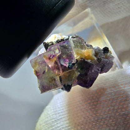 Spécimen de fluorite fantôme colorée, tourmaline scholle, muscovite, Erongo, Namibie, 25 x 22 x 14 mm 