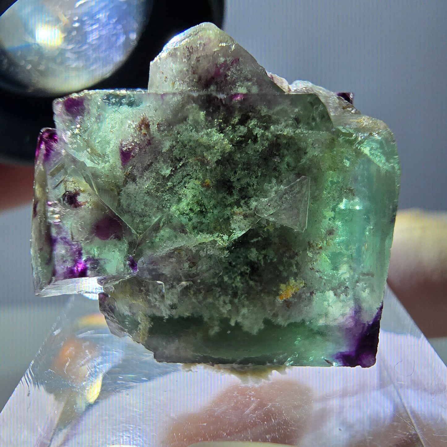Phantom Fluorit Würfel, Quarz Stufe, grün lila Okorusu, Namibia 22*21*18mm