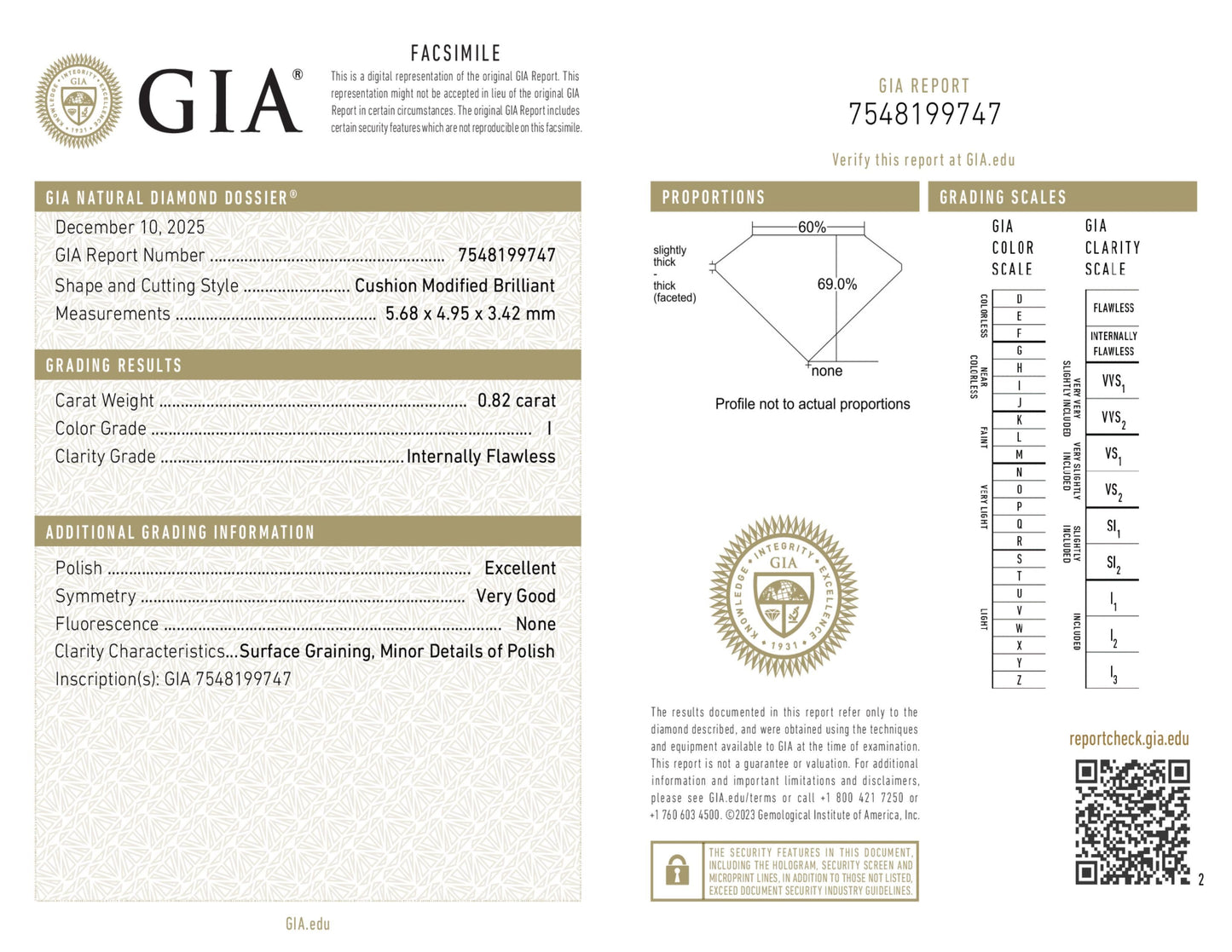 Diamant naturel GIA 0,82 ct | Couleur I | Pureté IF | Ovale | EX EX VG #D10156