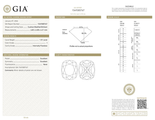 Diamant naturel GIA de 1,51 ct | Couleur I | Pureté IF | Ovale | EX EX EX #D10221