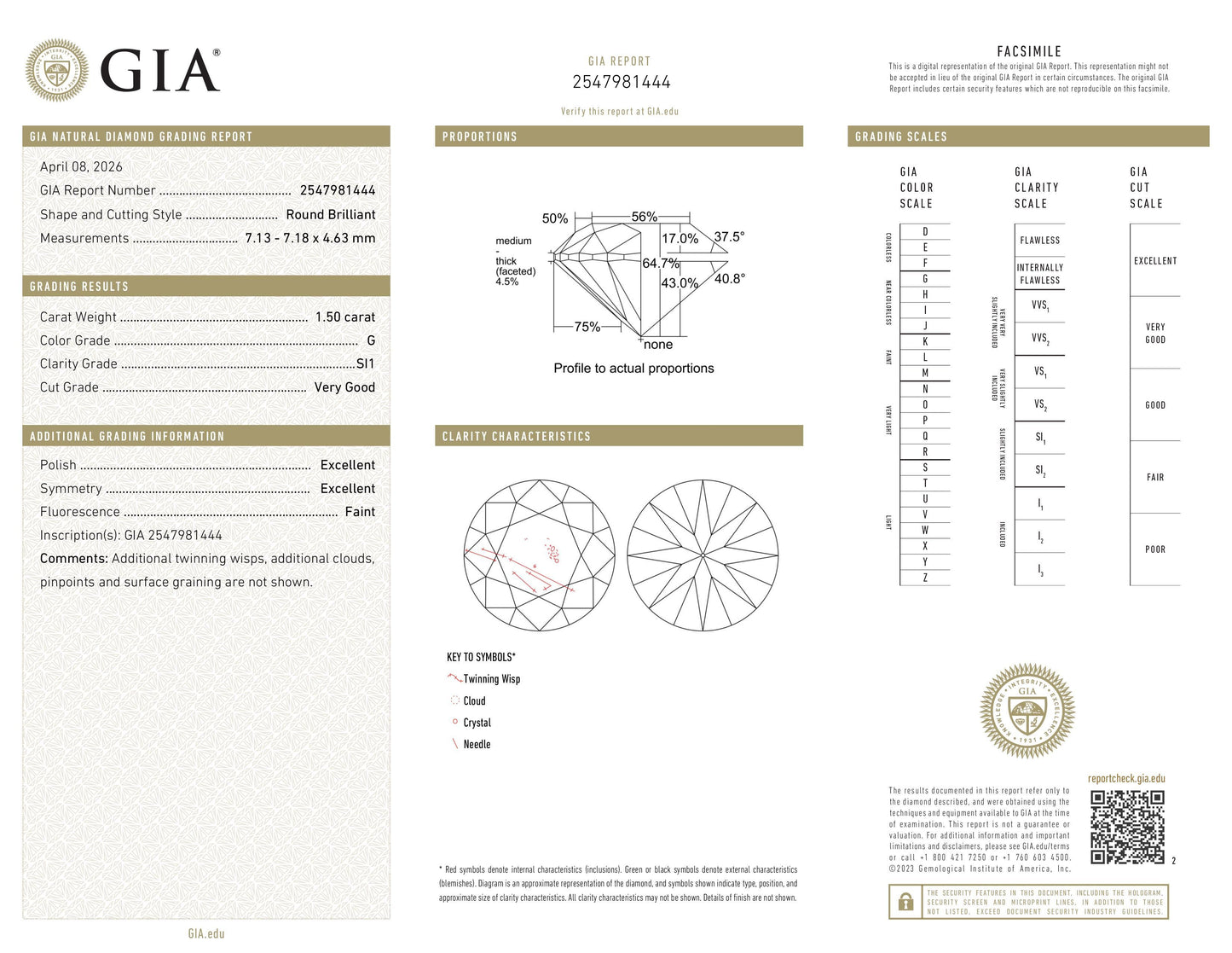 Diamant naturel 1,50 ct GIA | Couleur G | Pureté SI1 | Coupe ronde | TB EX EX #D10266