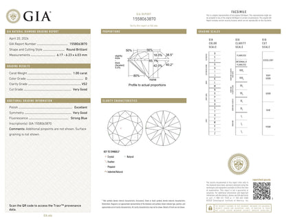 Diamant naturel GIA 1,00 carat | Couleur D | Pureté VS2 | Taille ronde | TB EX TB #D10270