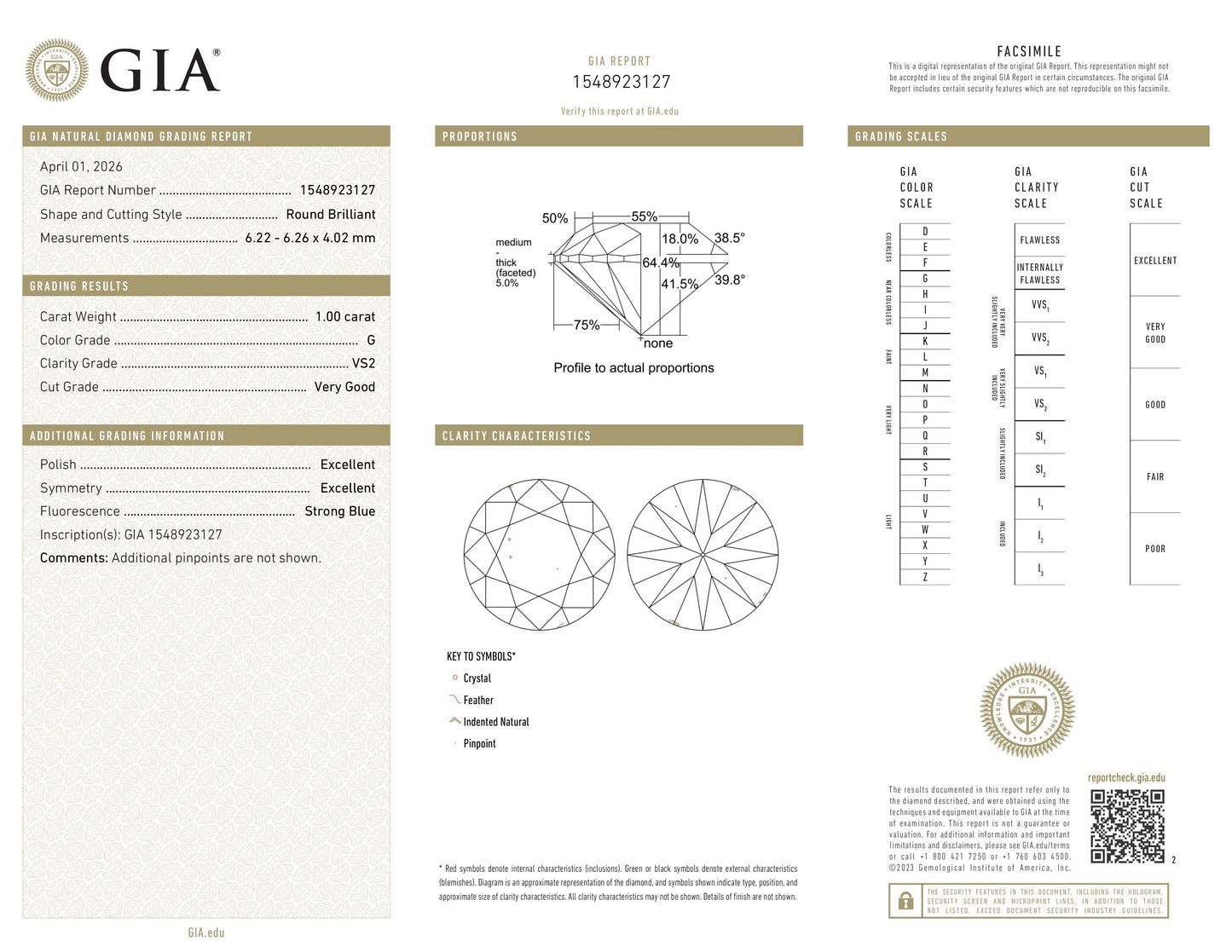 Diamant naturel GIA 1,00 ct | Couleur G | Pureté VS2 | Taille ronde | TB EX EX #D10301